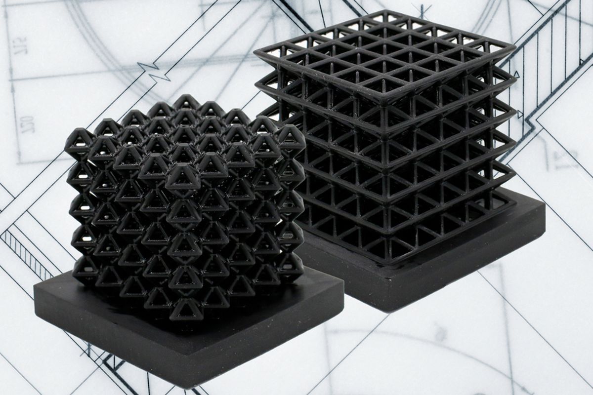 This image shows 3D-printed crystalline lattice structures with air-filled channels, known as "fluidic sensors," embedded into the structures (the indents on the middle of lattices are the outlet holes of the sensors.) These air channels let the researchers measure how much force the lattices experience when they are compressed or flattened. Image courtesy of the researchers.