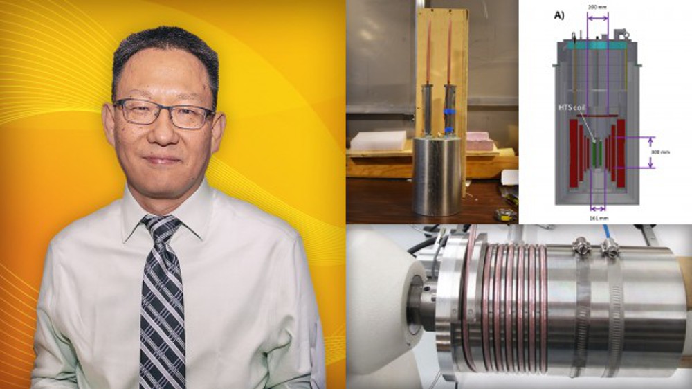 PPPL principal engineer Yuhu Zhai with images of a high-temperature superconducting magnet, which could improve the performance of spherical tokamak fusiokn devices. Collage by Kiran Sudarsanan / PPPL Office of Communications.